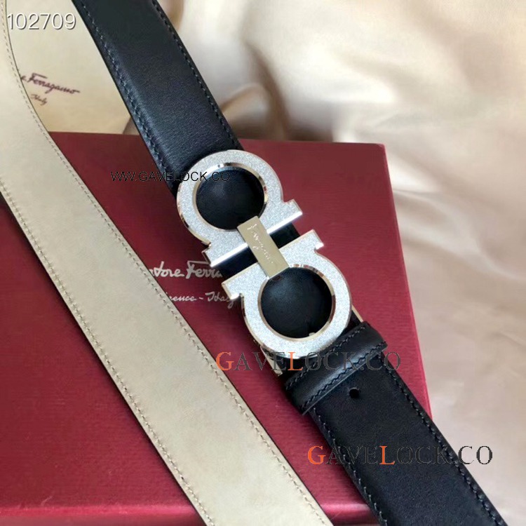 Copy Ferragamo Black Leather Belt with Frosted Silver Buckle